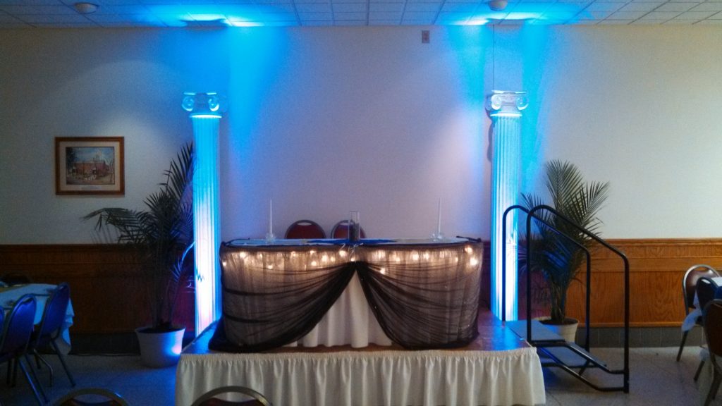 Roman columns with uplighting Tampa Wedding DJ, Event DJ, Equipment